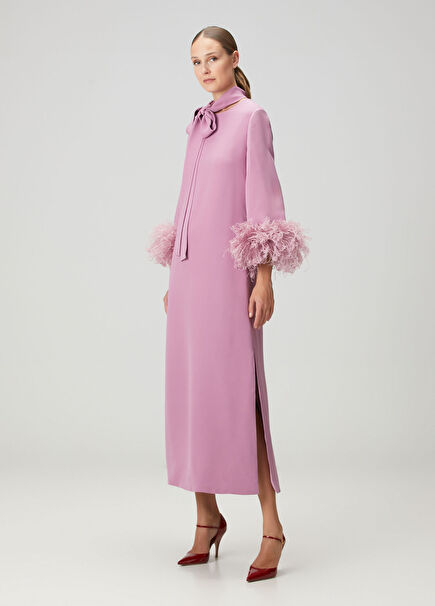 Lilac Feather Detailed Midi Silk Dress