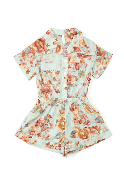 Blue Patterned Girl's Jumpsuit