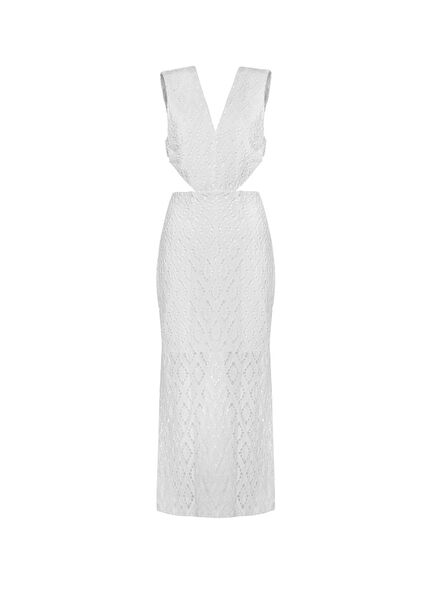 Venice Beyaz Brode Belde Halka Detaylı Uzun Cut-Out Elbise