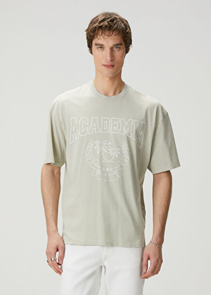 Açık Yeşil Palmiye Baskılı Logo Detaylı T-shirt