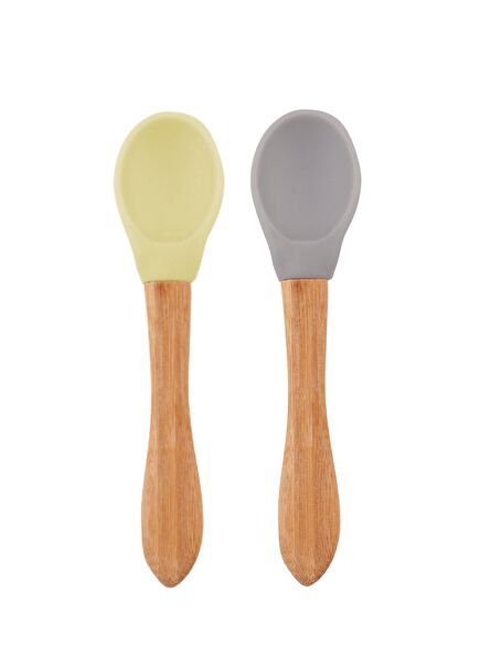 Bamboo Handled Powder Grey Mellow Yellow 2-Pack Silicone Baby Spoon