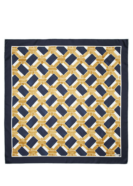 Navy Blue Diagonal Chain Pattern Silk Scarf