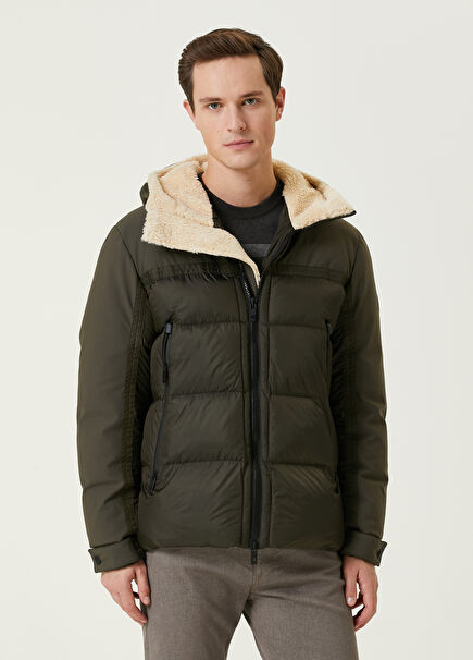 Haki Kapüşonlu Shearling Detaylı Puff Mont