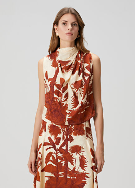 Island Stories Ecru Brown Floral Satin Blouse