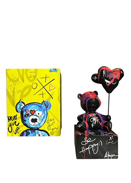 Oturan Balonlu Ayıcık Pop Art Siyah Dekoratif Heykel