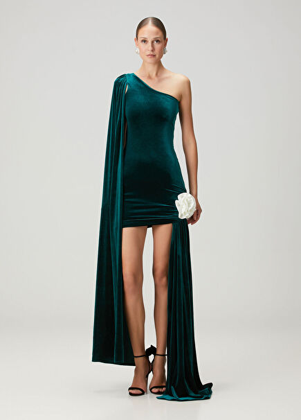 Empress Green Yeşil Mini Kadife Kokteyl Elbise