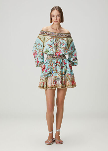 Mavi Çiçekli Mini Plaj Elbisesi