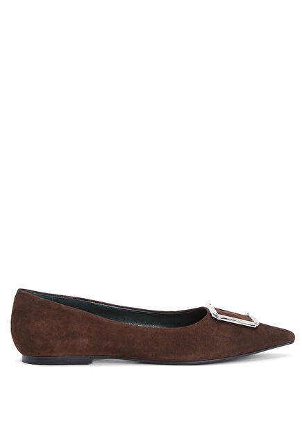 Brown Buckle Detailed Women's Leather Ballet Flats