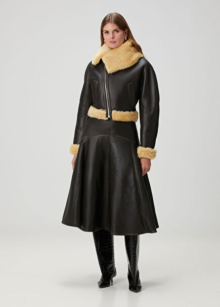 Kahverengi Midi Deri Etek