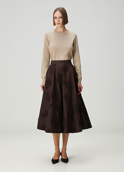 Brown Floral Applique Midi Skirt