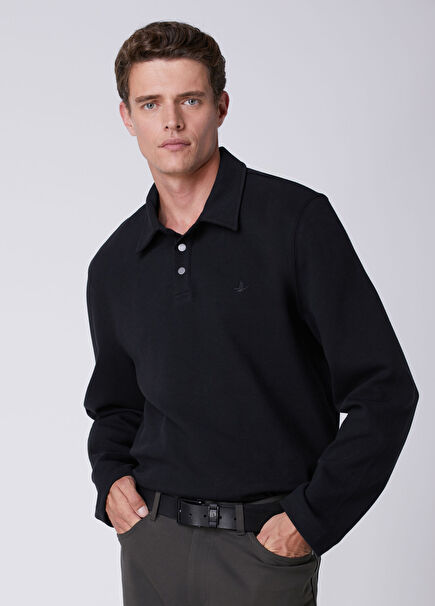 Comfort Fit Siyah Polo Yaka Diyagonal Sweatshirt