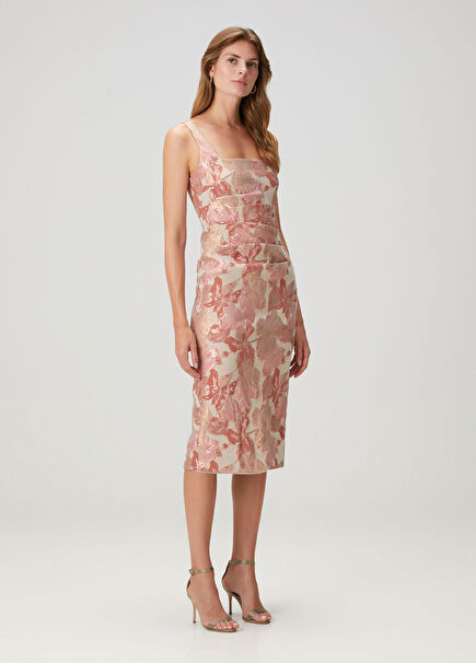 Pink Jacquard Midi Cocktail Dress