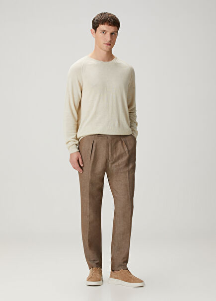 Koyu Bej Pilili Keten Pantolon