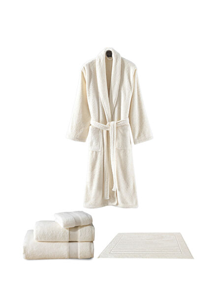 Sicilia Krem Pamuklu 5'li Havlu Bornoz Seti