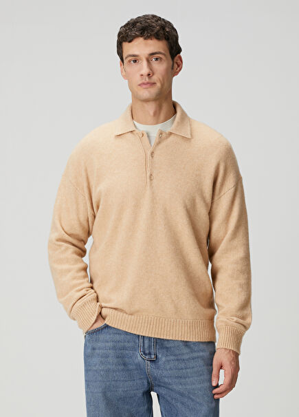 Kırık Beyaz Polo Yaka Yün Triko