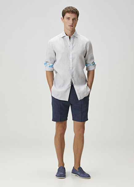 Navy Blue Waist Corded Wool Bermuda