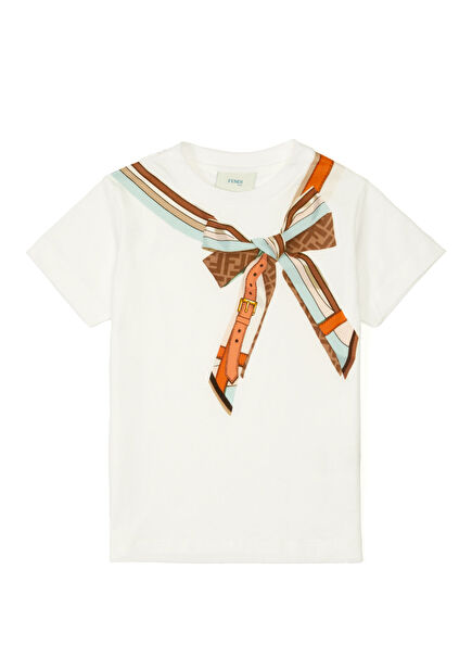 Beyaz Fular Baskılı Kız Çocuk T-shirt