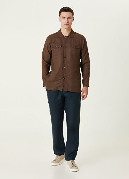 Navy Blue Waist Corded Linen Trousers