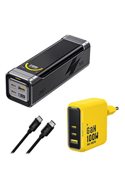 Black Warrior 25.200 mAh 170W Powerbank Youth 3 Portlu GaN 100W Şarj Adaptörü Seti