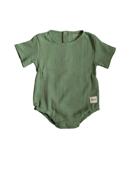 Çimen Yeşili Müslin Belden Büzgülü Kısa Kollu Unisex Bebek Tulum
