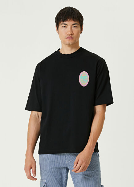 St.Tropez Baskı Detaylı Siyah Oversize Kısa Kollu Erkek T-Shirt