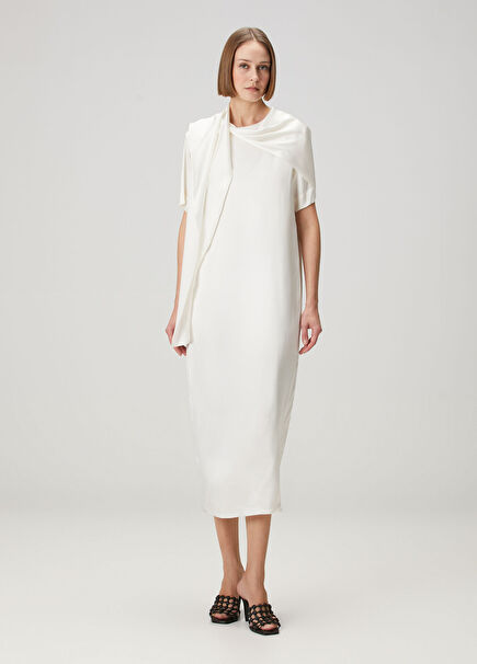 White Scarf Detail Midi Dress