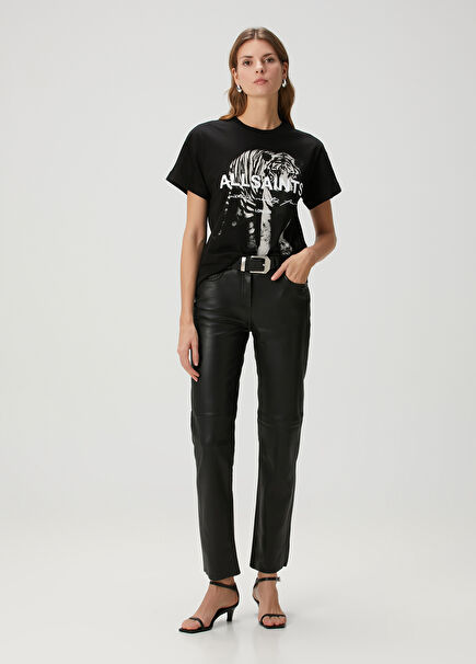 Saige Straight Fit Black Leather Pants