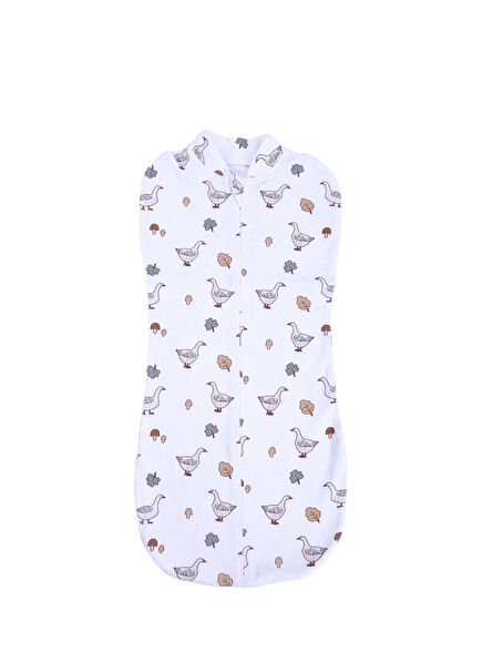 Ördek Desenli Beyaz Pamuklu Unisex Bebek Kundak Tulum