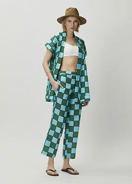 Rita Turquoise Check Trousers