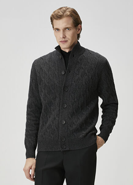 Antrasit Örgü Dokulu Yün Hırka