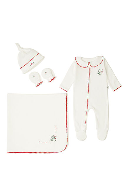 Kırmızı Kokina Nakışlı 4 Parça Yenidoğan Seti