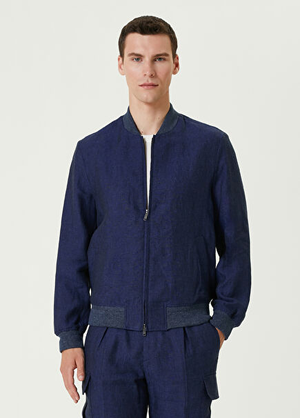 Navy Blue Linen Bomber Coat