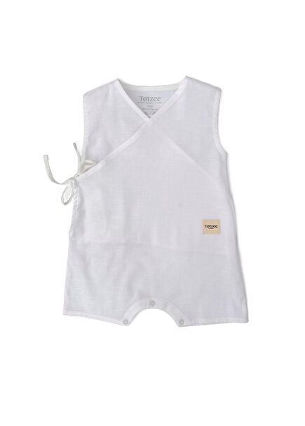 Snow White Linen Double-breasted Sleeveless Unisex Baby Jumpsuit