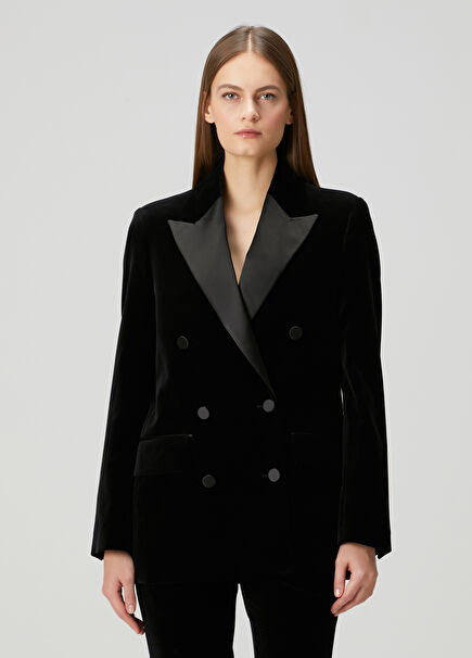 Siyah Kruvaze Kadife Ceket