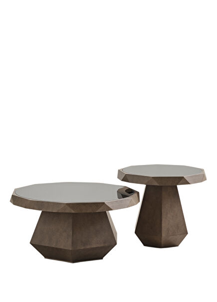 Talmont Kum Rengi Ahşap Cam Detay 2'li Orta Sehpa Takımı