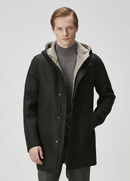Dark Khaki Hooded Wool Parka