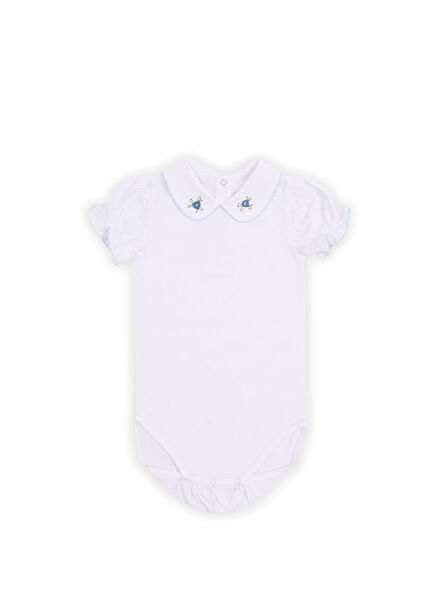 Raya Short Sleeve Hand Embroidered Collar White Baby Girl Body