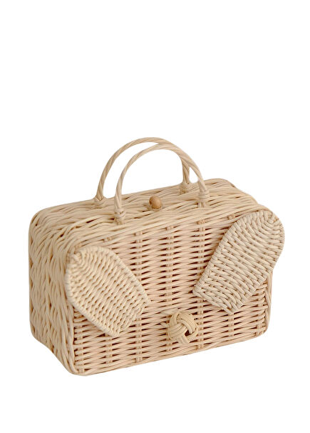 Pink Leather Handle Rabbit Ear Straw Shoulder Bag