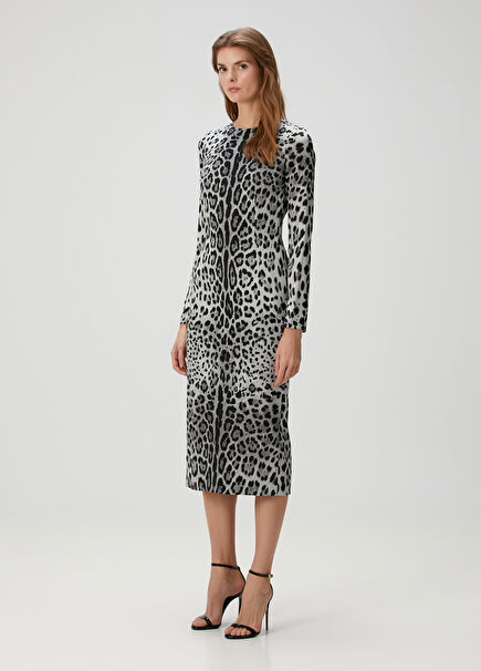 Grey Leopard Midi Silk Dress