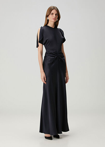 Navy Blue Maxi Satin Evening Dress