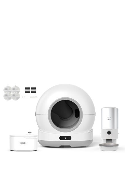 Beyaz Akıllı Otomatik Kedi Tuvaleti Kameralı Mama Kabı ve Çelik Su Pınarı 4'lü Pet Ürünleri Seti