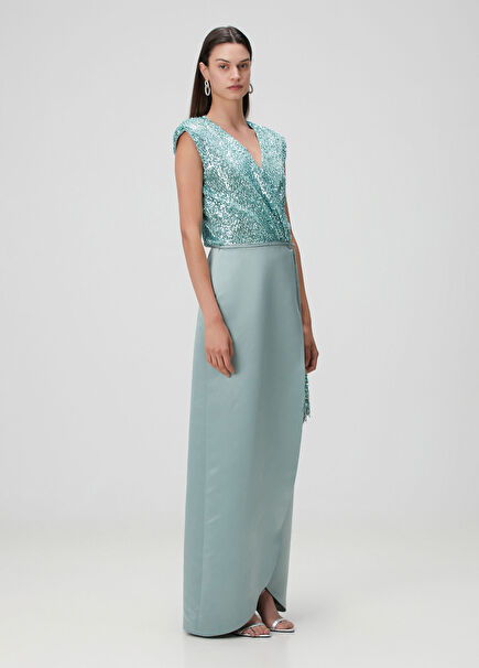 Mavi Payetli Maksi Abiye Elbise