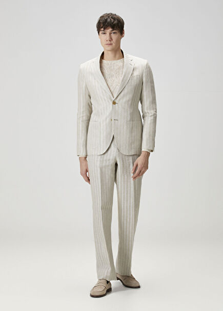 Cream Beige Striped Trousers