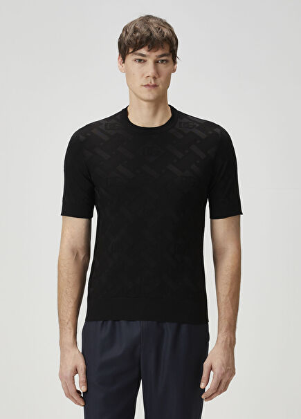 Black Logo Jacquard Short Sleeve Silk Sweater