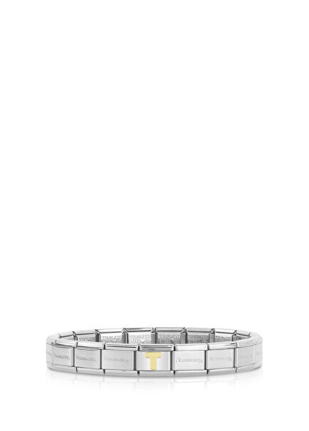 İtalyan Charm Gümüş 18 Ayar Altın T Harfi Çelik Unisex Bileklik 