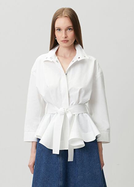 Beyaz Peplum Detaylı Gömlek