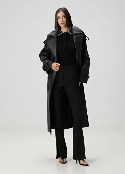 Siyah Yırtmaç Detaylı Pantolon