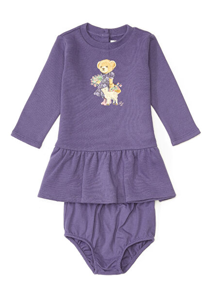 Purple Teddy Bear Printed Baby Girl Dress