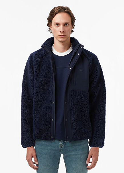 Lacivert Renk Bloklu Dik Yaka Erkek Ceket