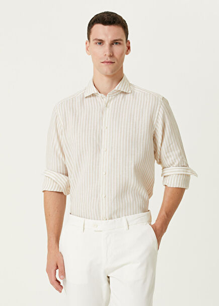 Bej Çizgi Desenli Keten Gömlek